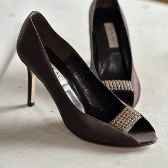 Isaac Brown Satin Peep Toe Jeweled Heels - Picture 1 of 5